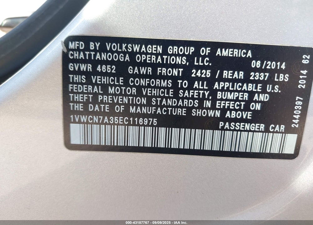 2014 VOLKSWAGEN PASSAT VIN: 1VWCN7A35EC116975