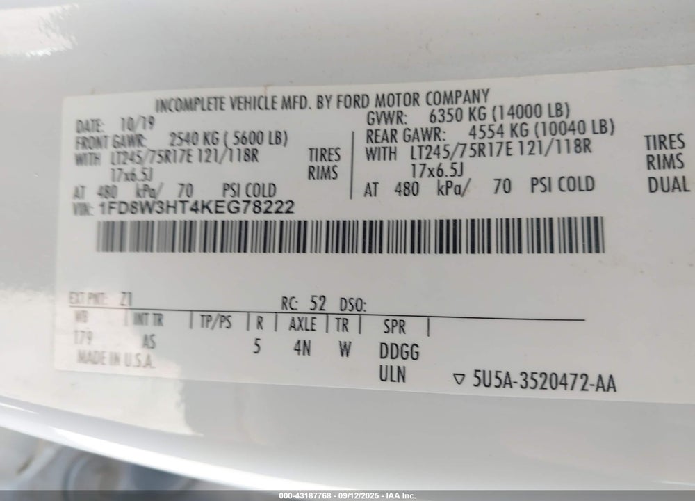 2019 FORD F-350 CHASSIS XL VIN: 1FD8W3HT4KEG78222