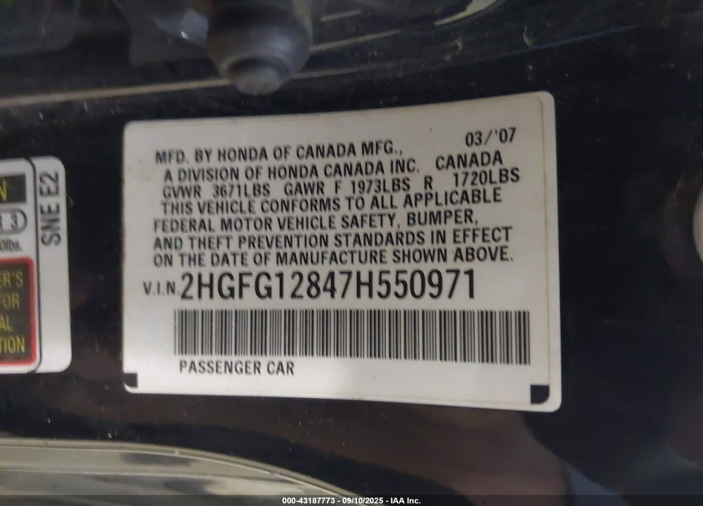2007 HONDA CIVIC VIN: 2HGFG12847H550971