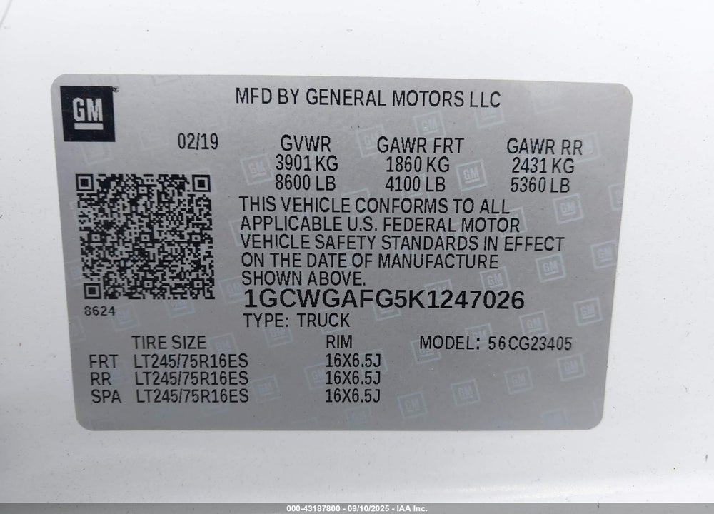 2019 CHEVROLET EXPRESS 2500 VIN: 1GCWGAFG5K1247026