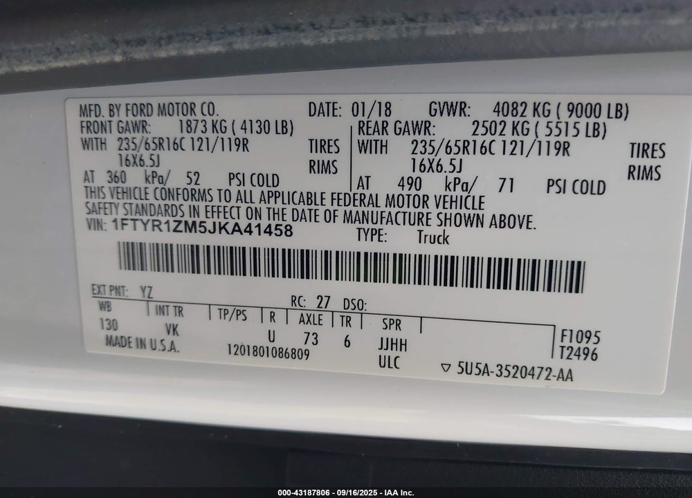 2018 FORD TRANSIT-250 VIN: 1FTYR1ZM5JKA41458