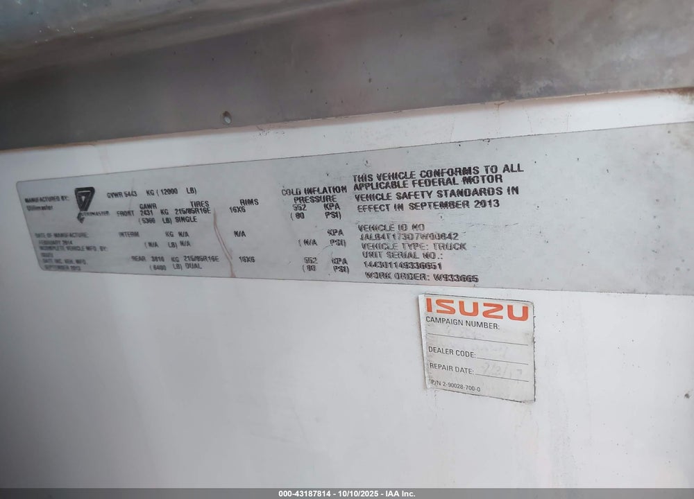 2013 ISUZU COMMERCIAL VAN VIN: JALB4T173D7W00842