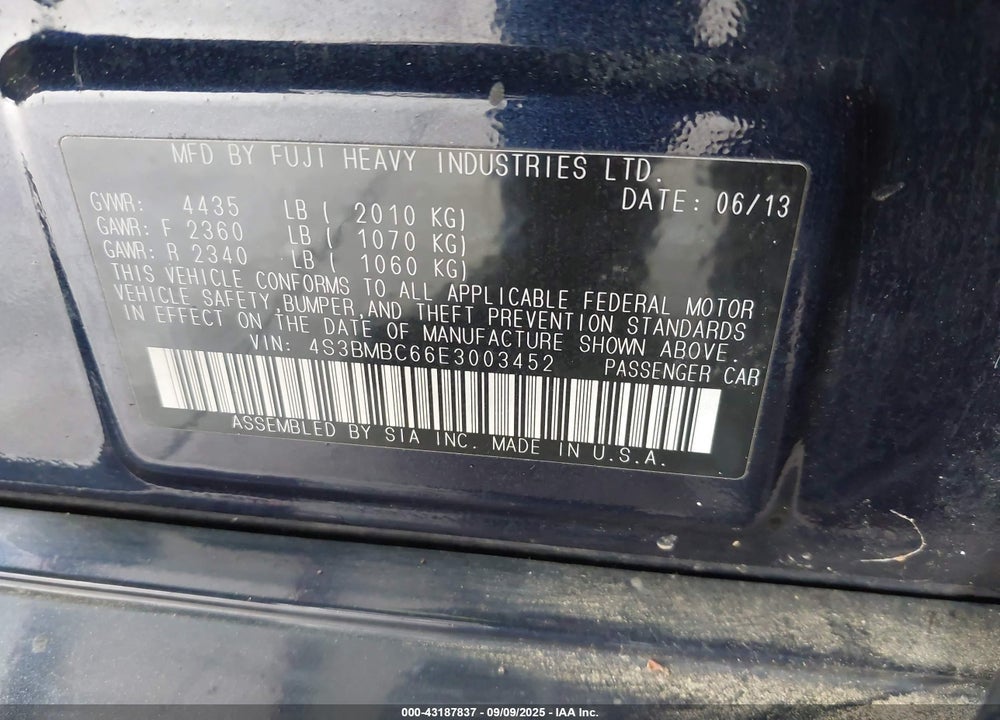 2014 SUBARU LEGACY VIN: 4S3BMBC66E3003452