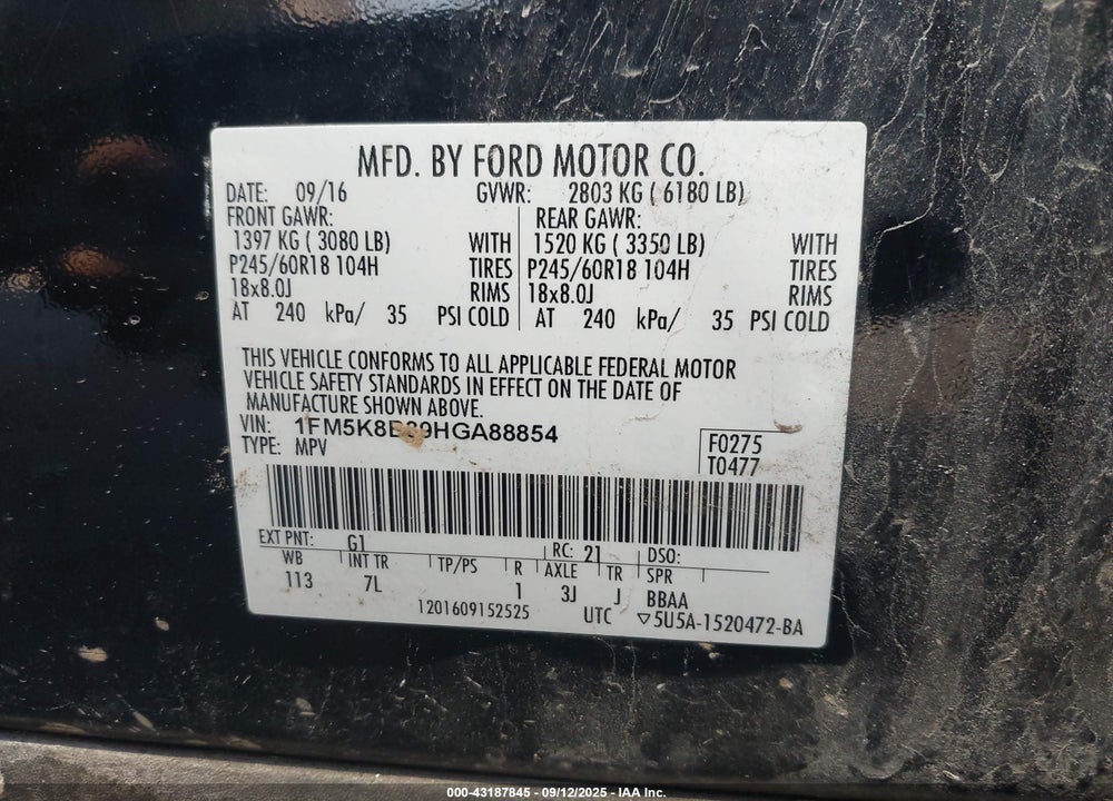 2017 FORD EXPLORER VIN: 1FM5K8B89HGA88854