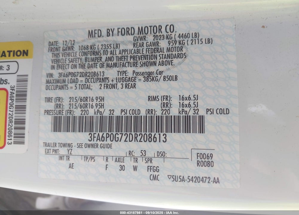 2013 FORD FUSION VIN: 3FA6P0G72DR208613