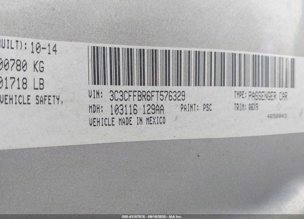 2015 FIAT 500 VIN: 3C3CFFBR6FT576329
