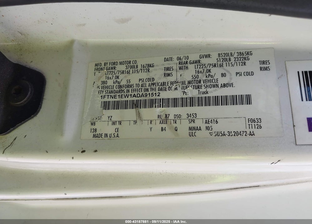 2010 FORD E-150 COMMERCIAL/RECREATIONAL VIN: 1FTNE1EW1ADA91512