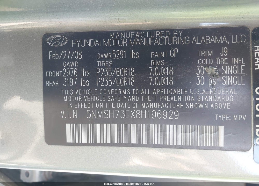 2008 HYUNDAI SANTA FE LIMITED/SE VIN: 5NMSH73EX8H196929