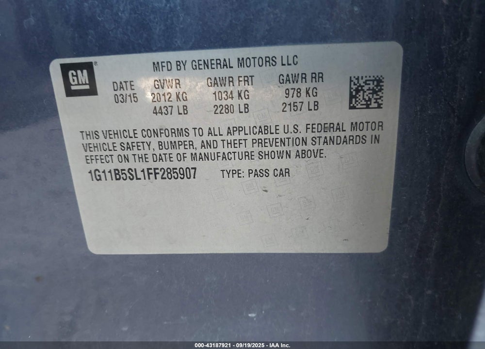 2015 CHEVROLET MALIBU LS VIN: 1G11B5SL1FF285907