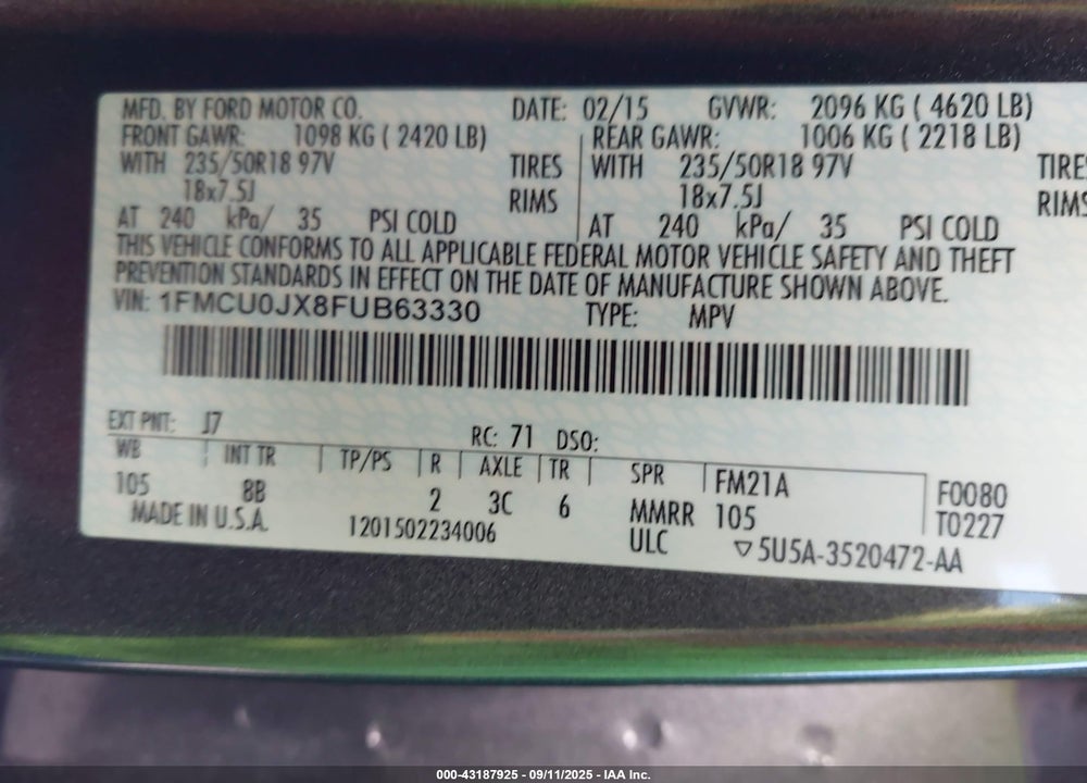 2015 FORD ESCAPE TITANIUM VIN: 1FMCU0JX8FUB63330