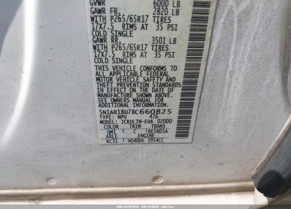 2008 NISSAN PATHFINDER SE VIN: 5N1AR18U78C660825