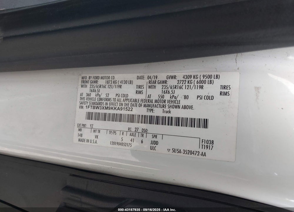 2019 FORD TRANSIT-350 VIN: 1FTBW3XM9KKA91522