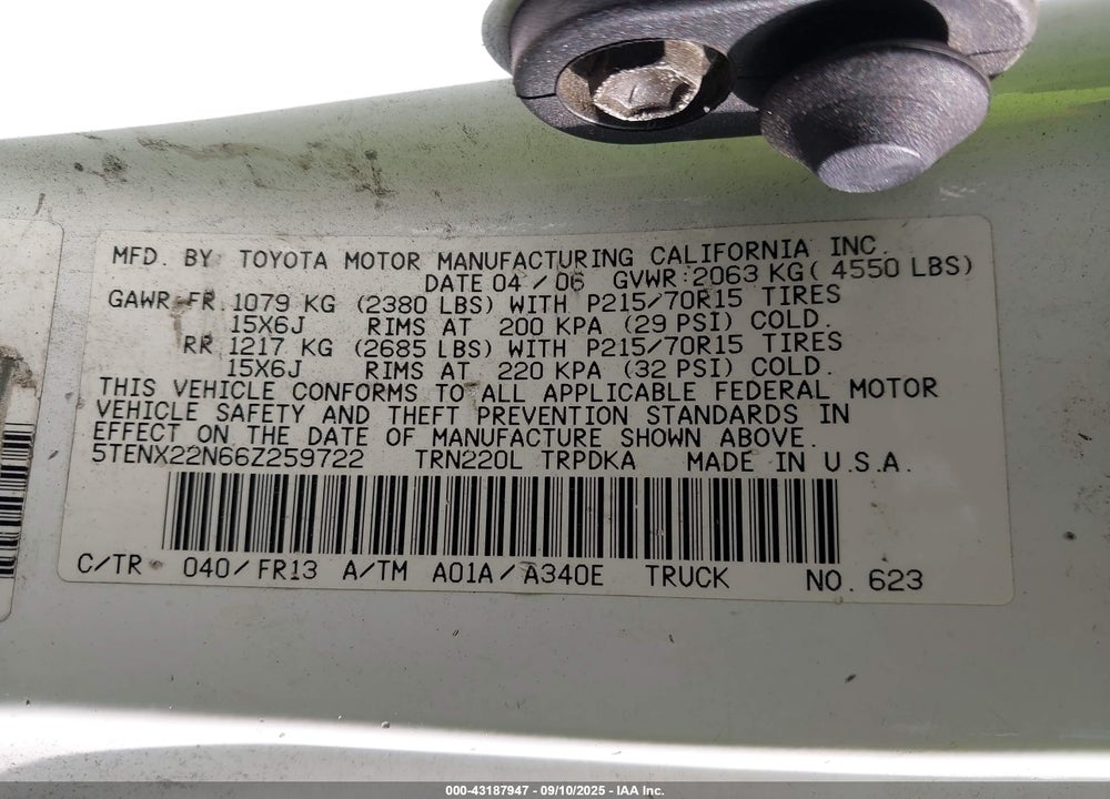 2006 TOYOTA TACOMA VIN: 5TENX22N66Z259722