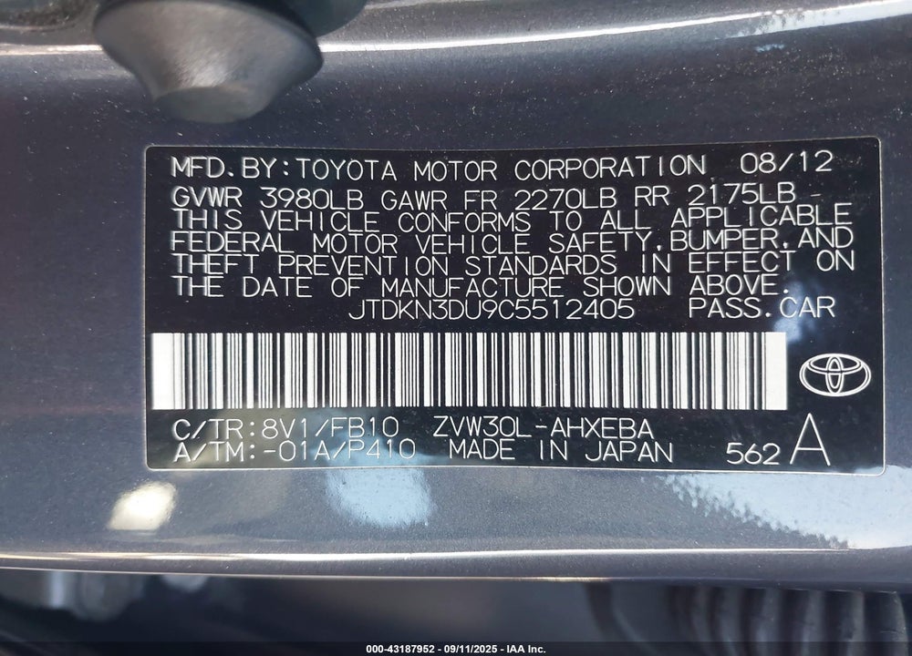 2012 TOYOTA PRIUS VIN: JTDKN3DU9C5512405