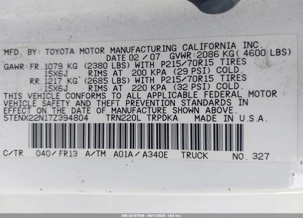 2007 TOYOTA TACOMA VIN: 5TENX22N17Z394804