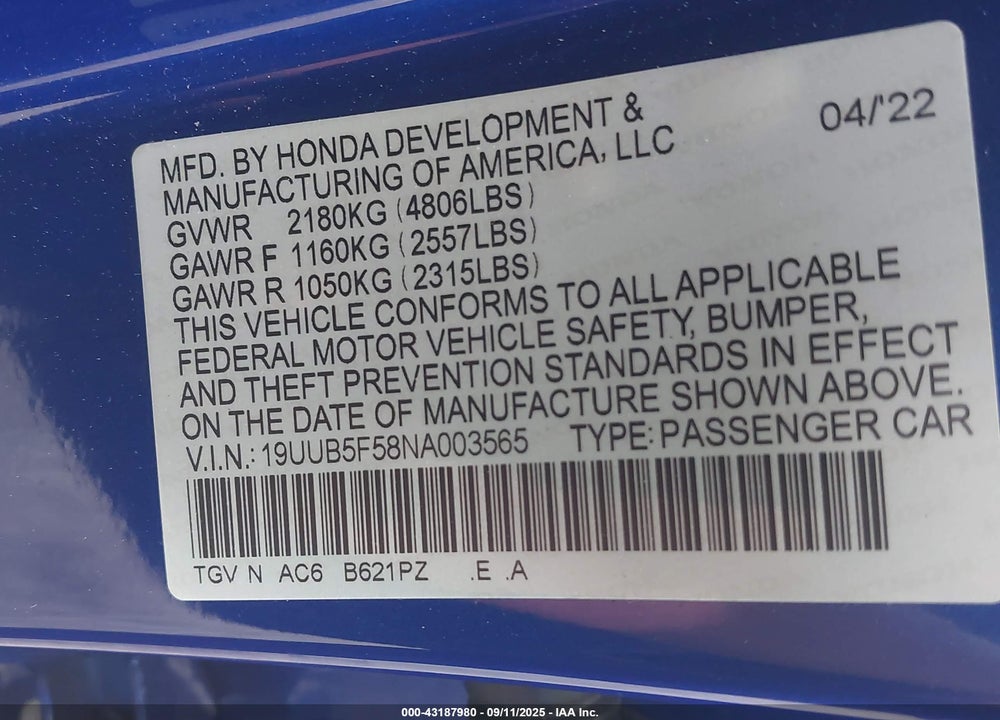 2022 ACURA TLX VIN: 19UUB5F58NA003565