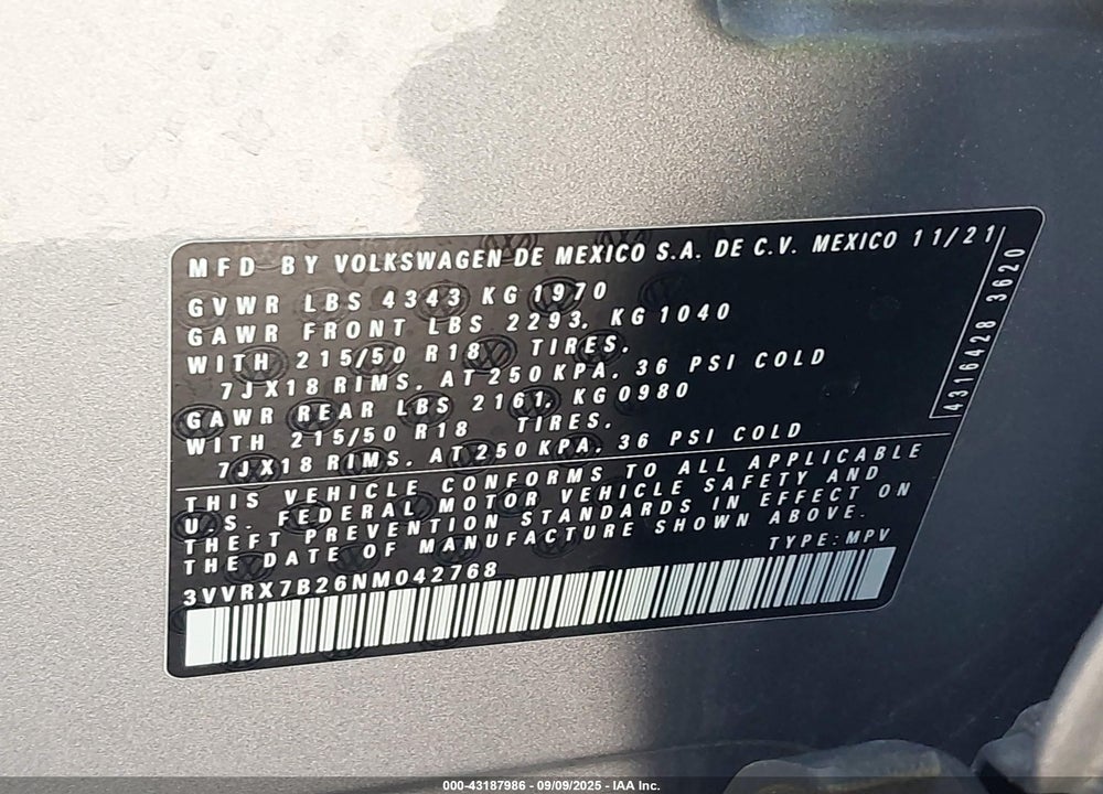 2022 VOLKSWAGEN TAOS VIN: 3VVRX7B26NM042768