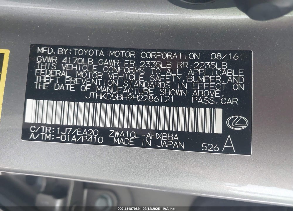 2017 LEXUS CT 200H VIN: JTHKD5BH9H2286121