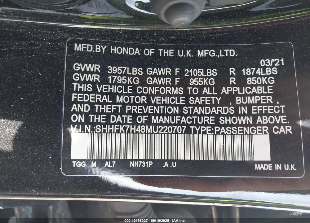 2021 HONDA CIVIC VIN: SHHFK7H48MU220707