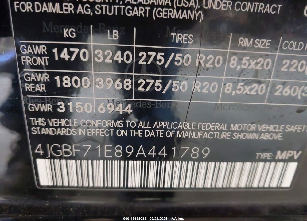 2009 MERCEDES-BENZ GL-CLASS VIN: 4JGBF71E89A441789