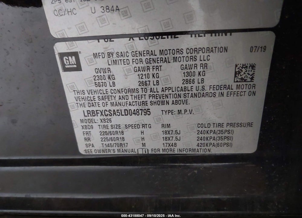 2020 BUICK ENVISION VIN: LRBFXCSA5LD048795