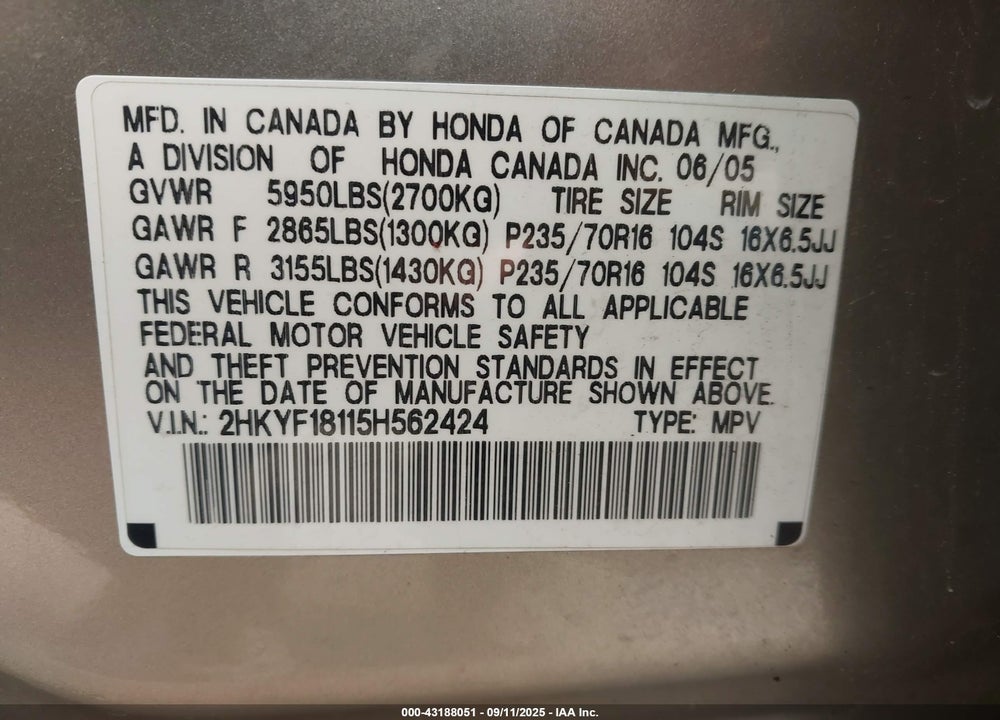 2005 HONDA PILOT LX VIN: 2HKYF18115H562424