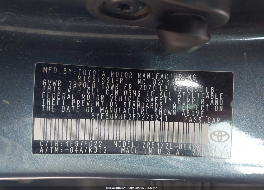 2015 TOYOTA COROLLA VIN: 5YFBURHE2FP275241