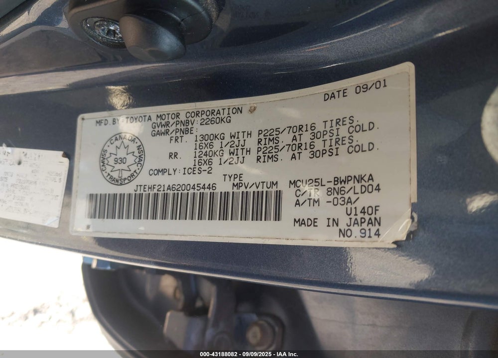 2002 TOYOTA HIGHLANDER VIN: JTEHF21A620045446