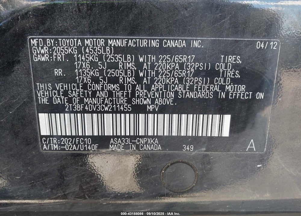 2012 TOYOTA RAV4 VIN: 2T3BF4DV3CW211455
