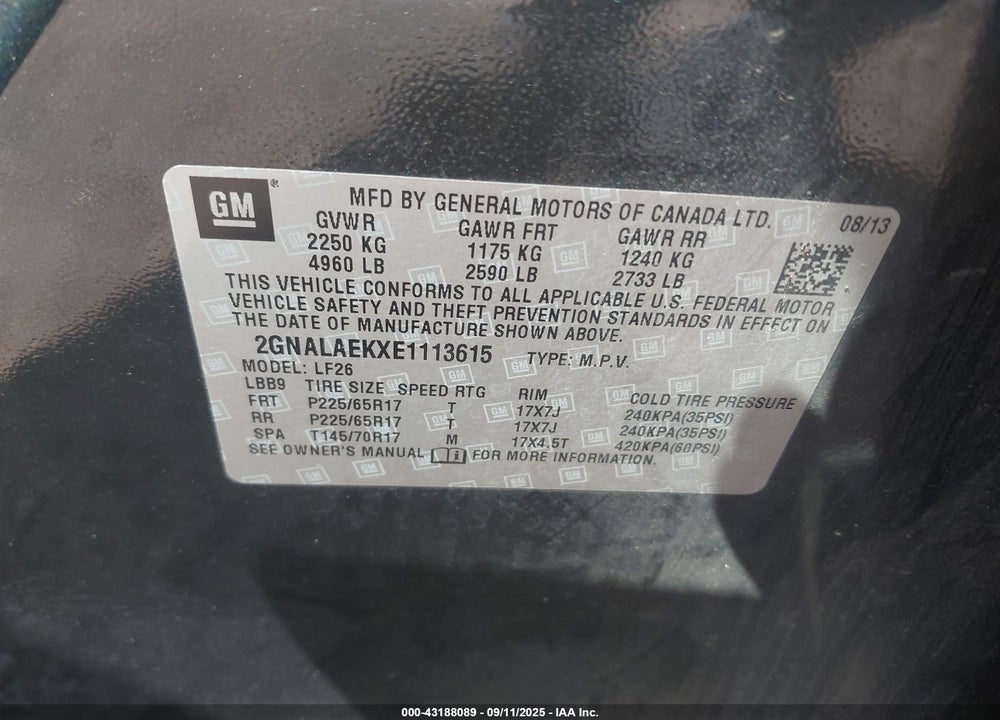 2014 CHEVROLET EQUINOX VIN: 2GNALAEKXE1113615