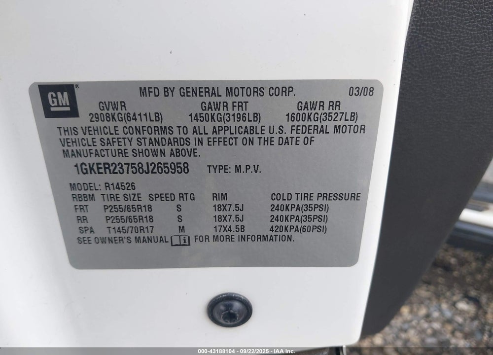 2008 GMC ACADIA SLT-1 VIN: 1GKER23758J265958