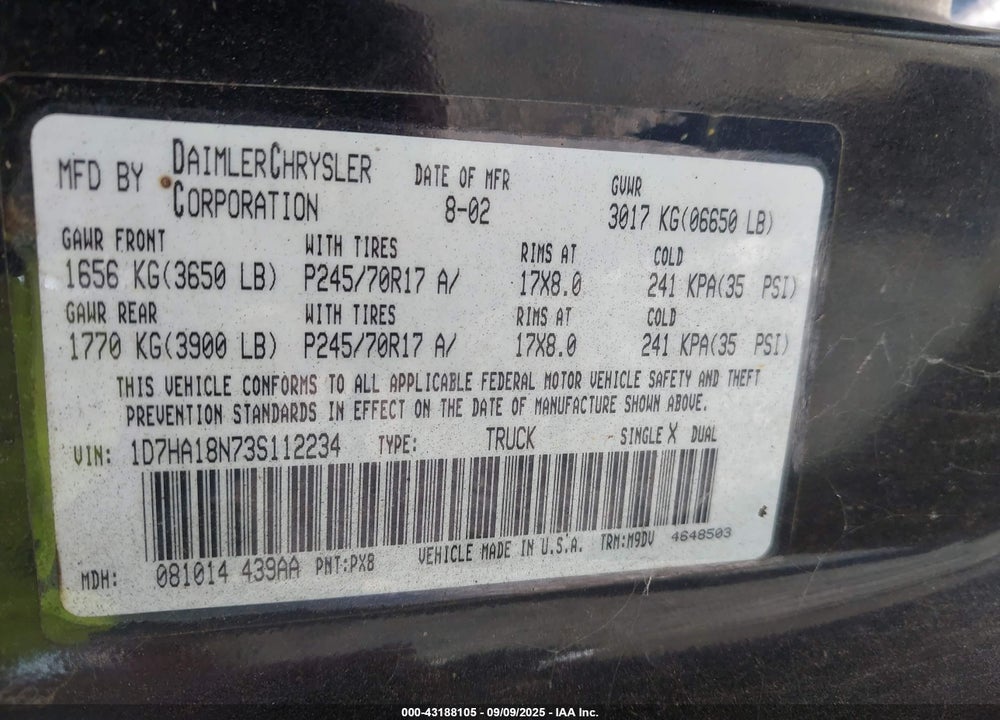 2003 DODGE RAM 1500 VIN: 1D7HA18N73S112234
