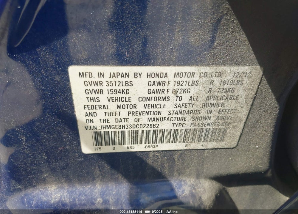 2013 HONDA FIT VIN: JHMGE8H33DC022882