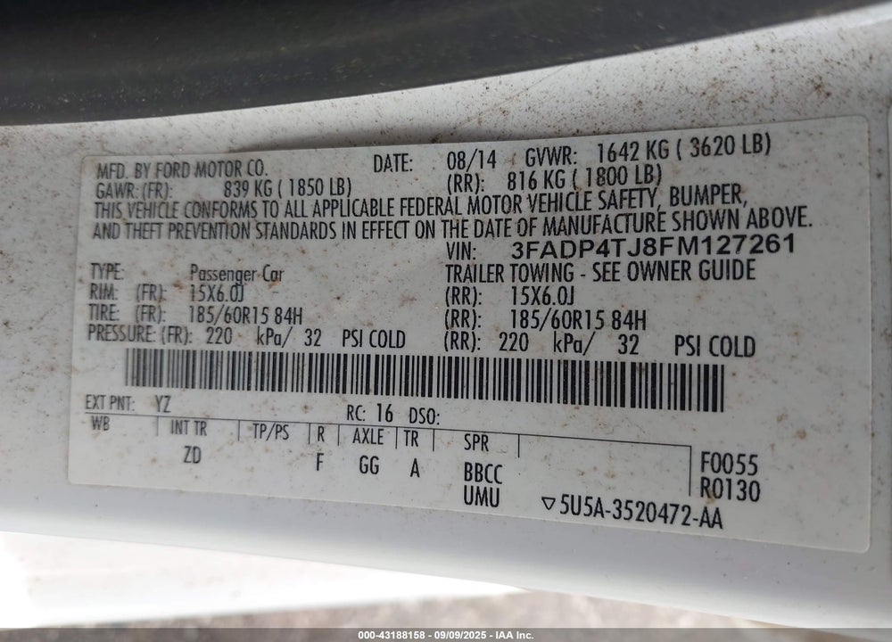 2015 FORD FIESTA VIN: 3FADP4TJ8FM127261