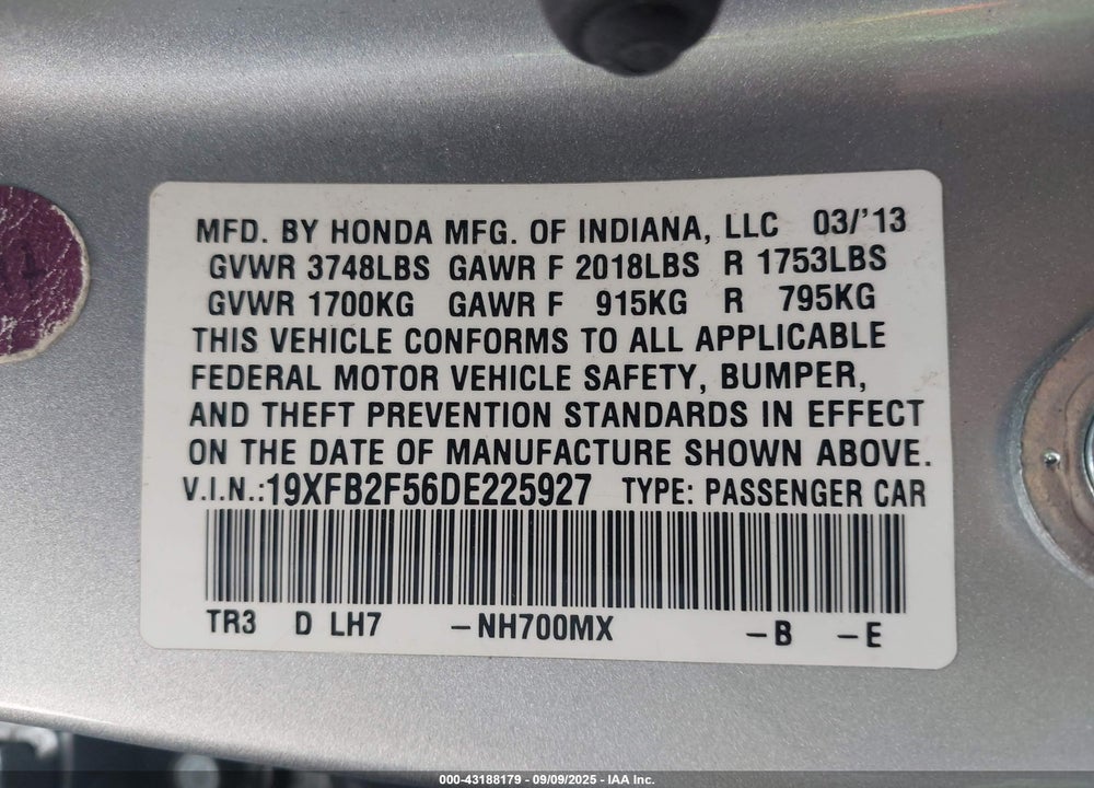 2013 HONDA CIVIC VIN: 19XFB2F56DE225927