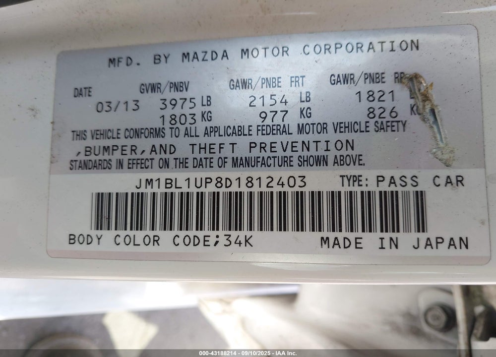 2013 MAZDA 3 VIN: JM1BL1UP8D1812403