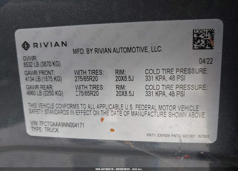 2022 RIVIAN R1T VIN: 7FCTGAAA9NN004171