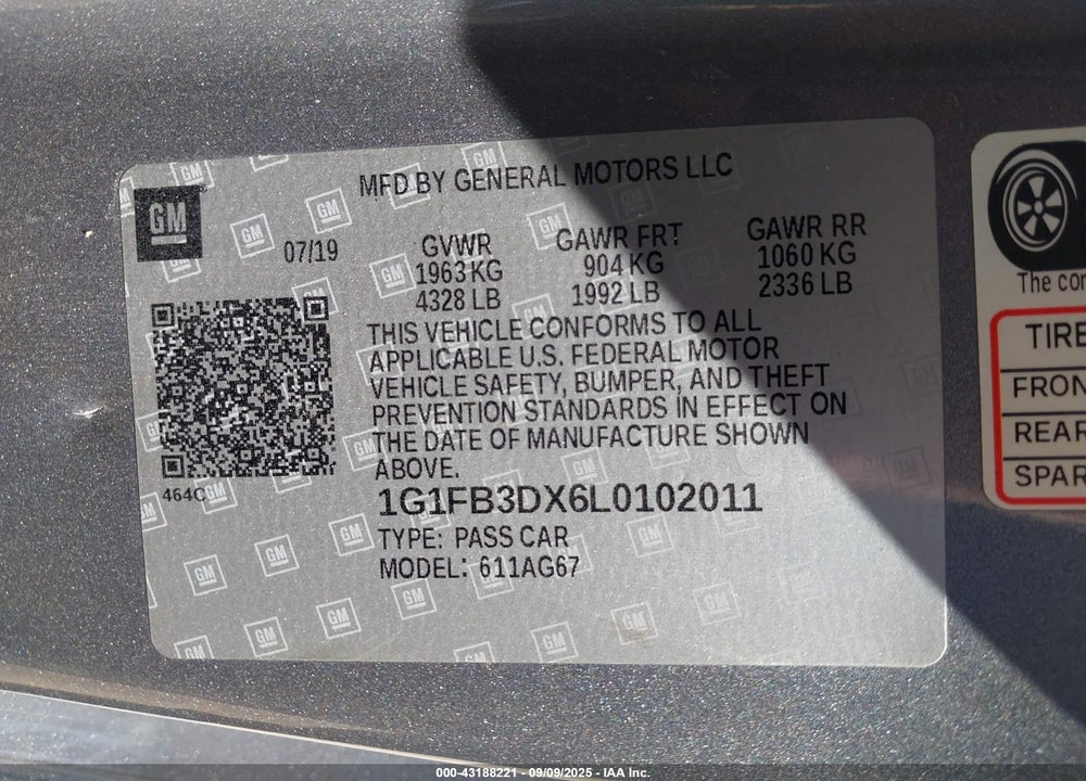 2020 CHEVROLET CAMARO VIN: 1G1FB3DX6L0102011