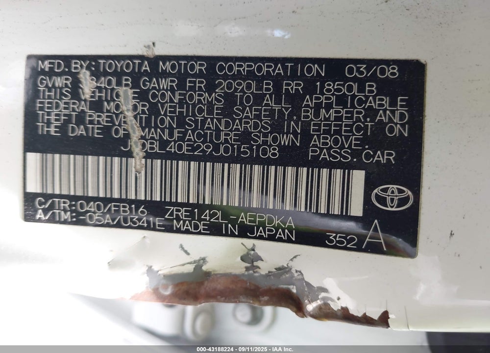 2009 TOYOTA COROLLA VIN: JTDBL40E29J015108