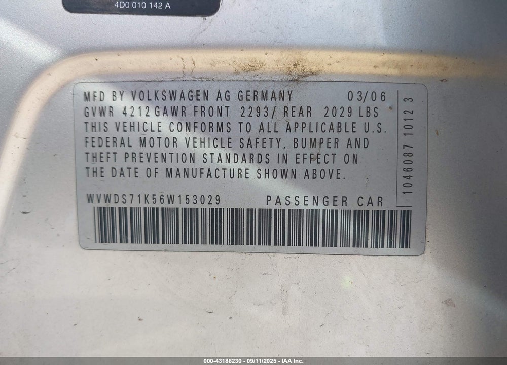 2006 VOLKSWAGEN RABBIT 4-DOOR VIN: WVWDS71K56W153029