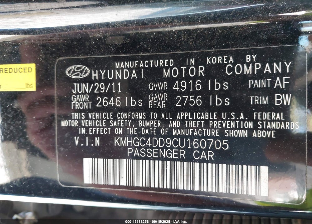 2012 HYUNDAI GENESIS VIN: KMHGC4DD9CU160705