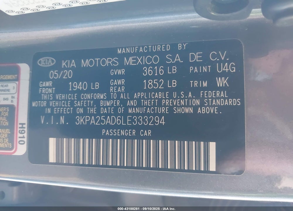 2020 KIA RIO VIN: 3KPA25AD6LE333294