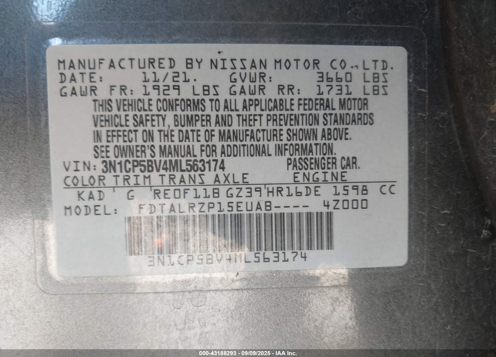 2021 NISSAN KICKS VIN: 3N1CP5BV4ML563174
