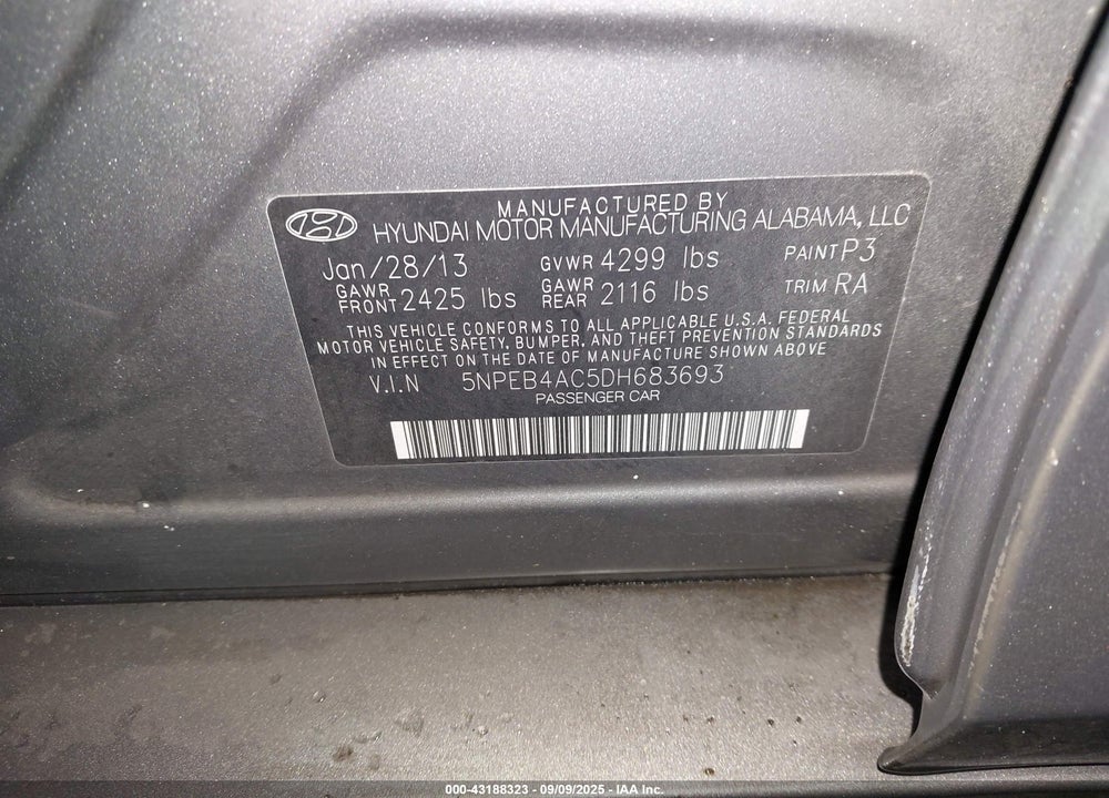 2013 HYUNDAI SONATA VIN: 5NPEB4AC5DH683693