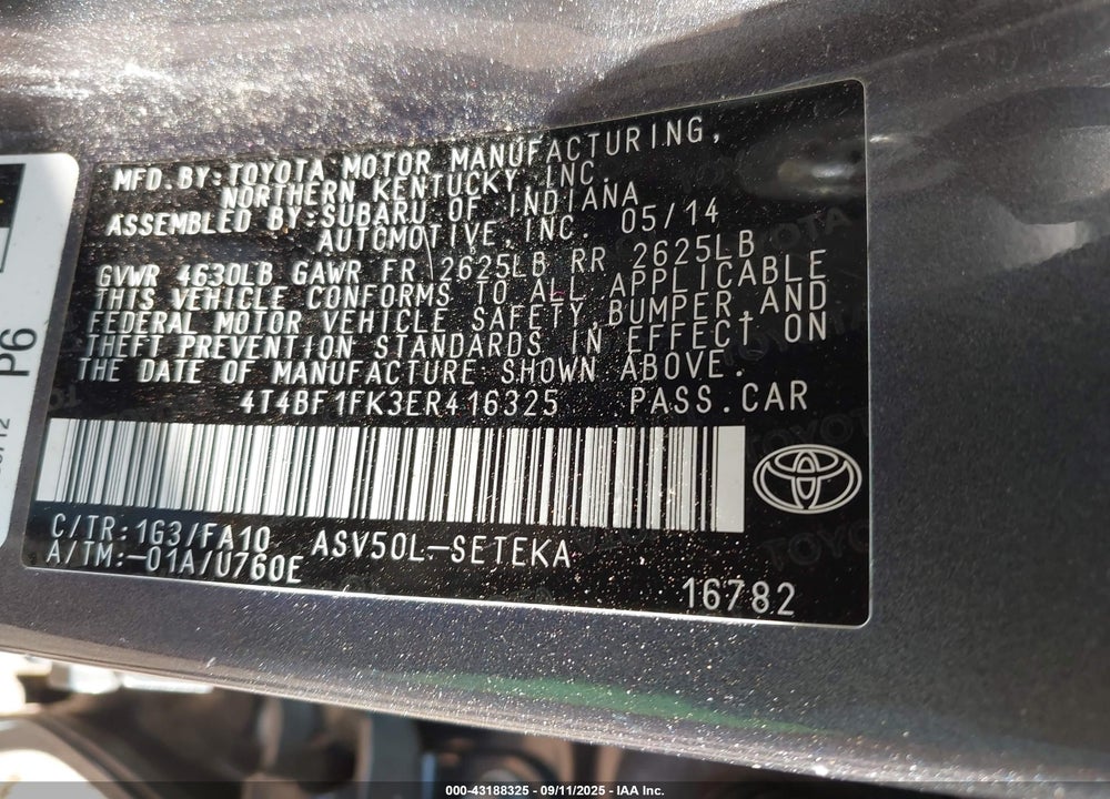 2014 TOYOTA CAMRY VIN: 4T4BF1FK3ER416325