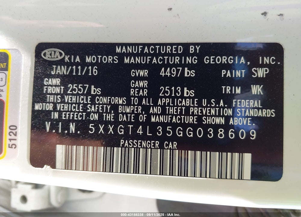 2016 KIA OPTIMA VIN: 5XXGT4L35GG038609