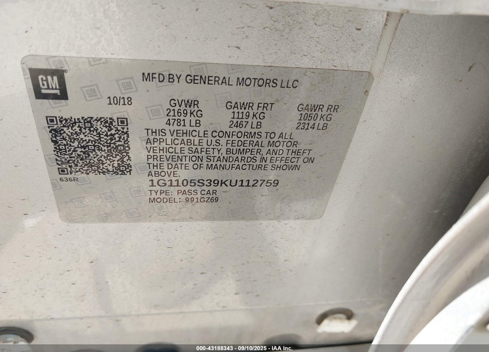 2019 CHEVROLET IMPALA VIN: 1G1105S39KU112759