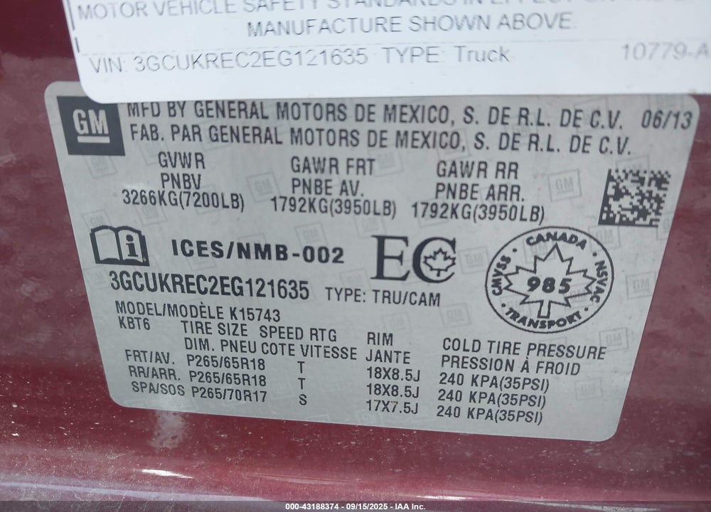 2014 CHEVROLET SILVERADO 1500 VIN: 3GCUKREC2EG121635