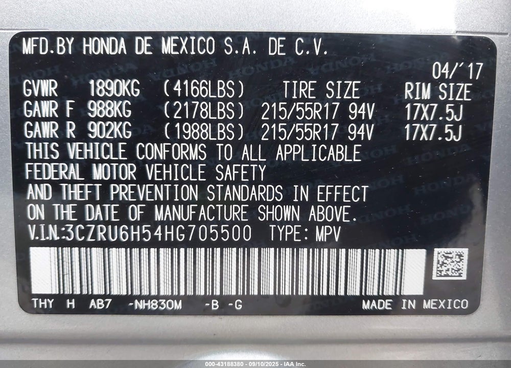 2017 HONDA HR-V VIN: 3CZRU6H54HG705500