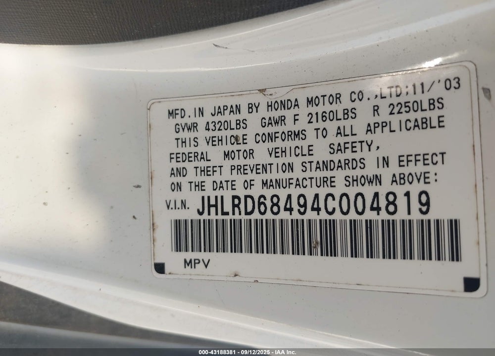 2004 HONDA CR-V LX VIN: JHLRD68494C004819